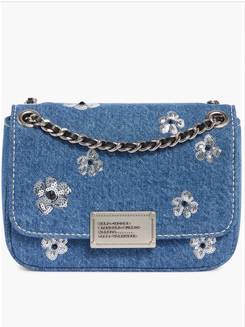 Marc Jacobs Denim Crossbody with Silver Sequin Flowers